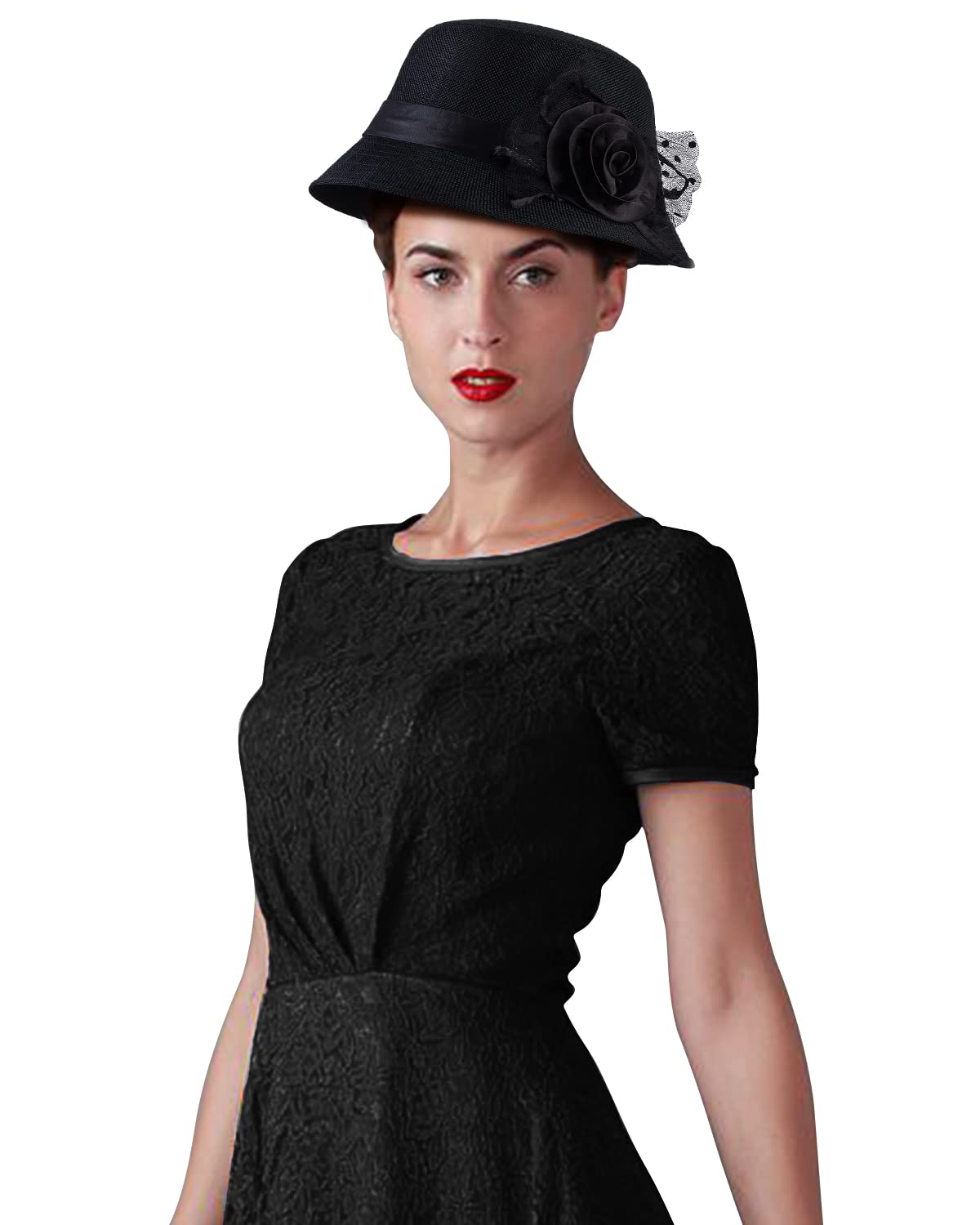 CROWN GUIDE 1920s Gatsby Church Cloche Derby Hats for Women Ladies Bow Bucket Wedding Bowler Hats Tea Party Black