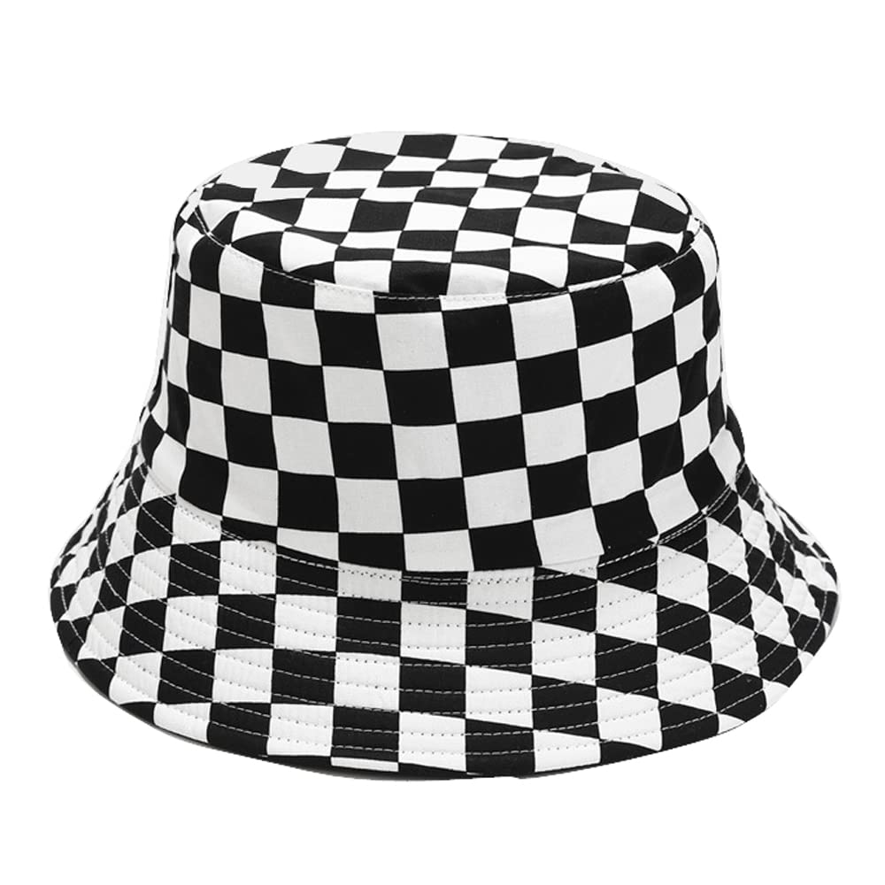 Cotton Checkered Bucket Hat Summer Fashion Fisherman Beach Sun Hats for Women and Men Black