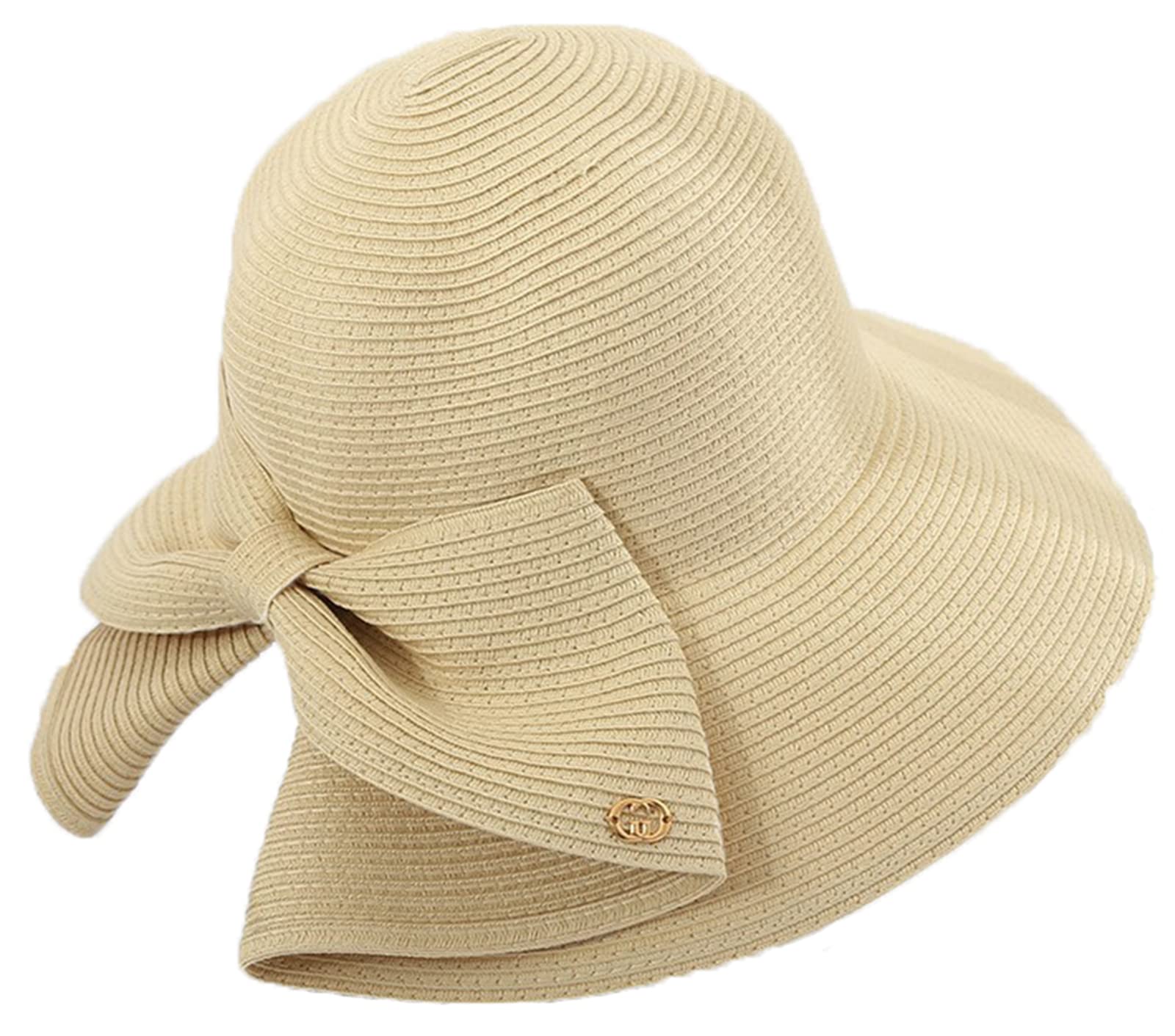 Womens Wide Brim Slit Sun Hat Bow Knot Summer Straw Sun Hats for Women (Beige)