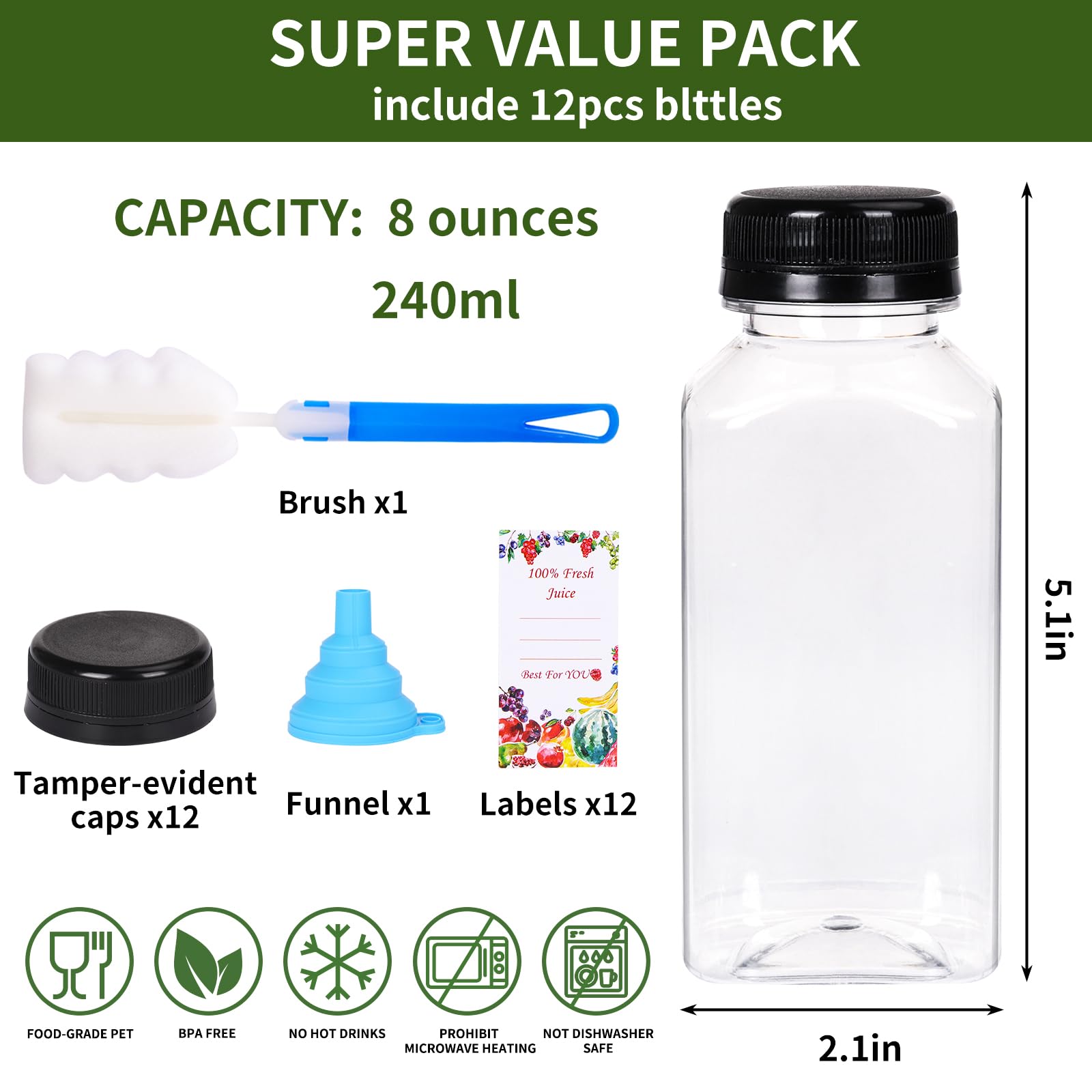 SUPERLELE 12pcs 8oz Plastic Juice Bottles with Black Tamper Evident Caps, Reusable Clear Juice Containers with Labels, Funnel and Brush for Juicing, Smoothie, Milk