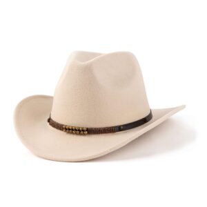 eogimi western cowboy hats for women men felt wide brim panama hat with belt buckle bead band-cream