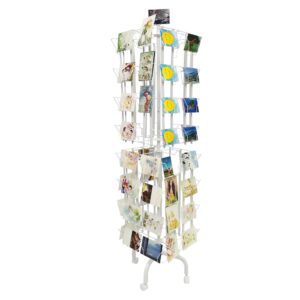 64 adjustable pockets display rack 5x7 7x5 up to 9.3" wide x 8" tall cards, 1.27" deep pockets, double tier greeting post card christmas holiday spinning rack stand white 10139-white