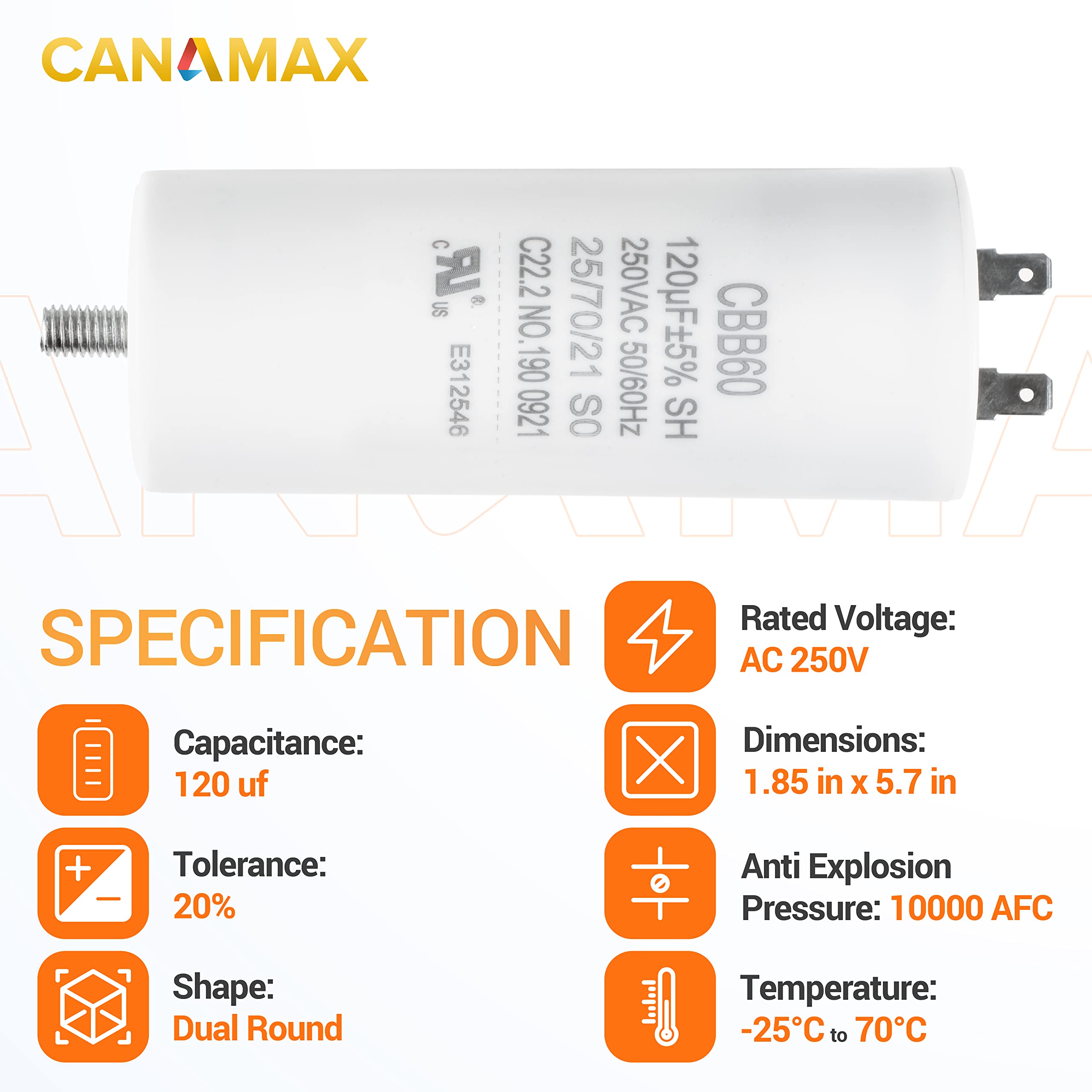 Canamax 120 uf MFD 250 VAC Volts CBB60 Round Motor Run Capacitor 50/60 Hz AC Electric - Exact Fit for OEM Single Phase Motor Capacitors Condenser Straight Cool or Heat Pump Air Conditioner