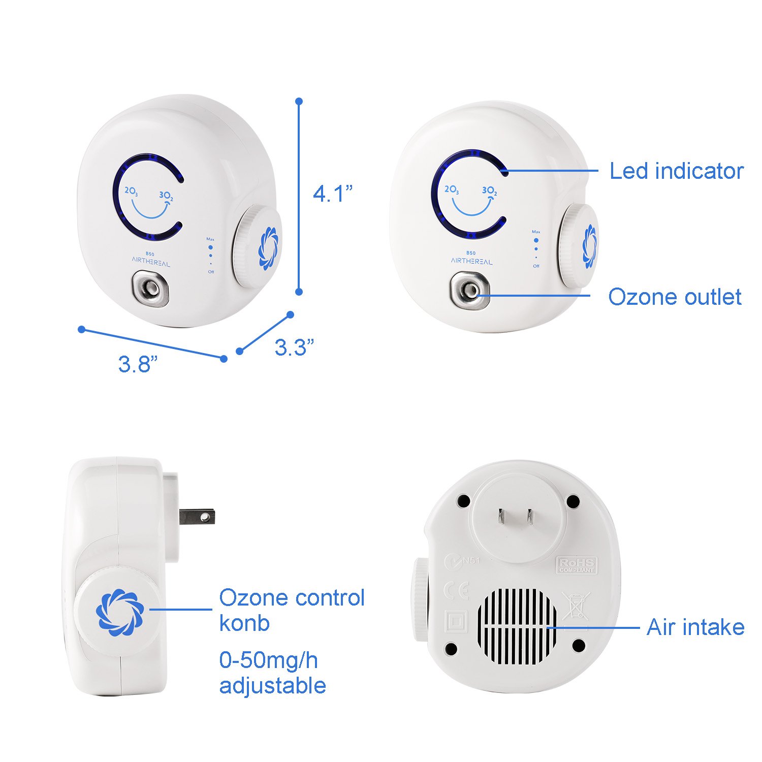 Airthereal B50 Mini Ozone Generator Air Purifier- Removes Odors and Sterilizes Air in Small Spaces Up To 320 Sq Ft - Plug in Mini Air Ionizer, Adjustable Ozone Output of 10-50 mg/h, 2-Pack