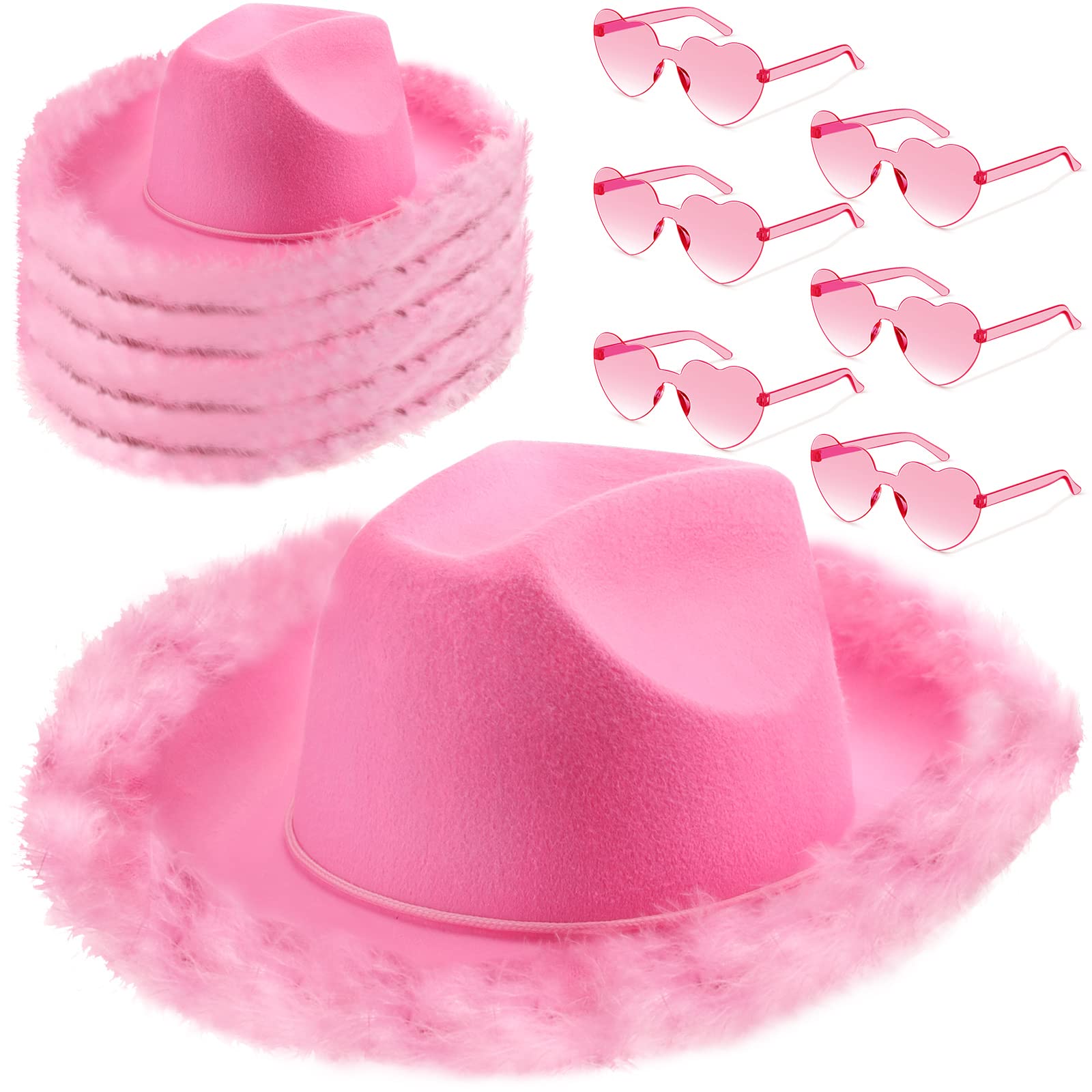 Zhanmai 6 Pieces Cowgirl Hat with Feather Boa and 6 Pieces Heart Sunglasses Set for Girls Bachelorette Party, Costume Party