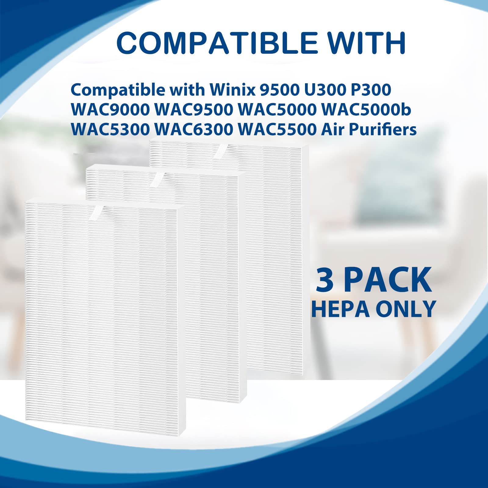 114190 True HEPA Replacement Filters B Compatible with Winix 9500 U300 P300 WAC9000 WAC9500 WAC5000 WAC5000b WAC5300 WAC6300 WAC5500 Air Cleaner Purifiers, Compared to Winix Filter B 114190, 3 Pack