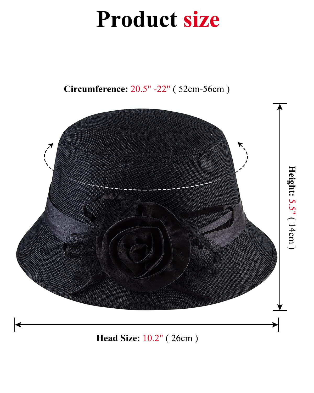 CROWN GUIDE 1920s Gatsby Church Cloche Derby Hats for Women Ladies Bow Bucket Wedding Bowler Hats Tea Party Black