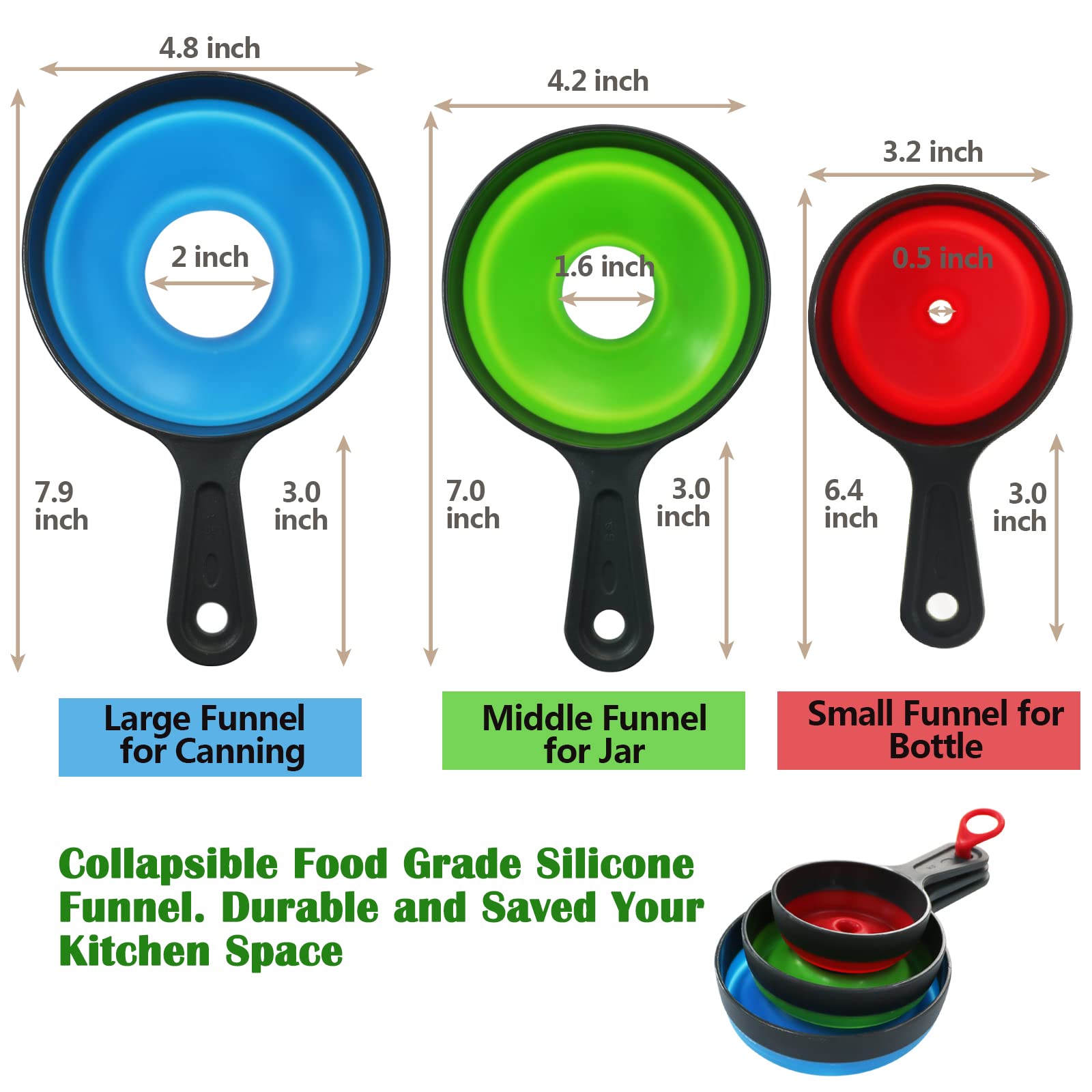 KongNai Canning Funnel for Wide and Regular Jars，Wide Mouth Funnel Sets of 3, Extra Large Funnel for Mason Jar, Food Grade Collapsible Silicone Funnel for Transfer Jam, Juice, Spices, Powder and Oil