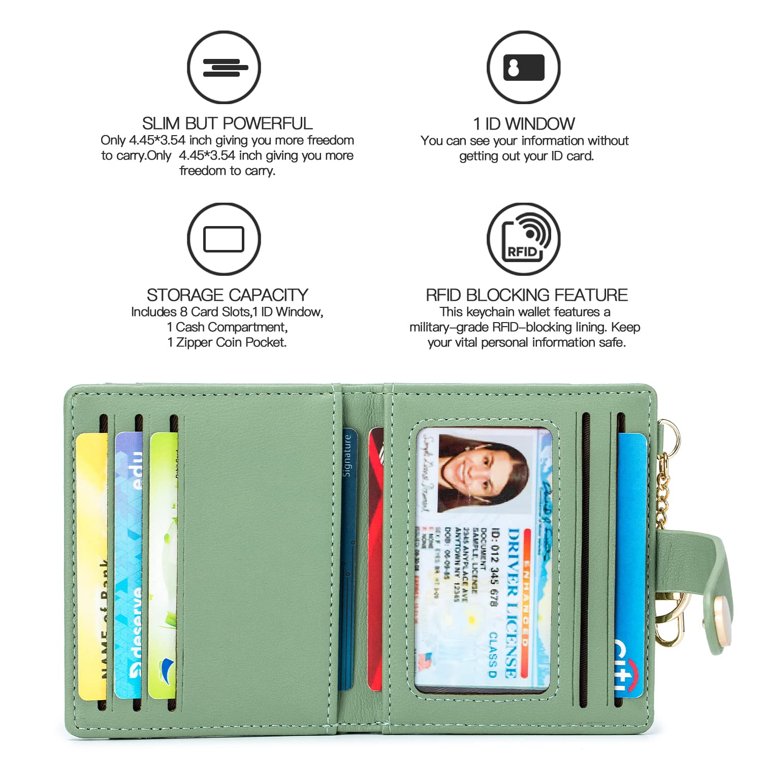 POIUGOYA Slim Wallet for Women, Leather Bifold RFID Blocking Credit Card Holder with Keychain, Zipper Coin Pocket ID Window