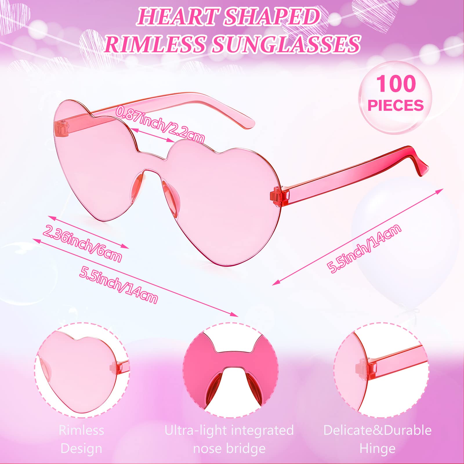 Zhengmy 100 Pairs Heart Glasses Heart Shaped Rimless Sunglasses Transparent Candy Color Heart Sunglasses Eyewear for Women Girls