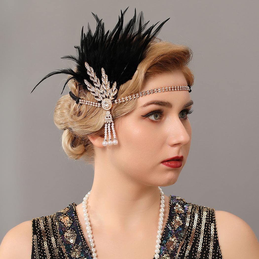 Gortin 1920's Flapper Feather Headband Art Deco Great Gatsby Headpiece Inspired Leaf Medallion Pearl Headband Bride Wedding Headdress Rhinestones Flapper Feather Hair Accessory for Women and Girls