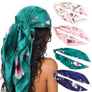 dreshow 35” large square satin head scarf - 4pcs silk accessories classic patterned squares beach bandanas for women