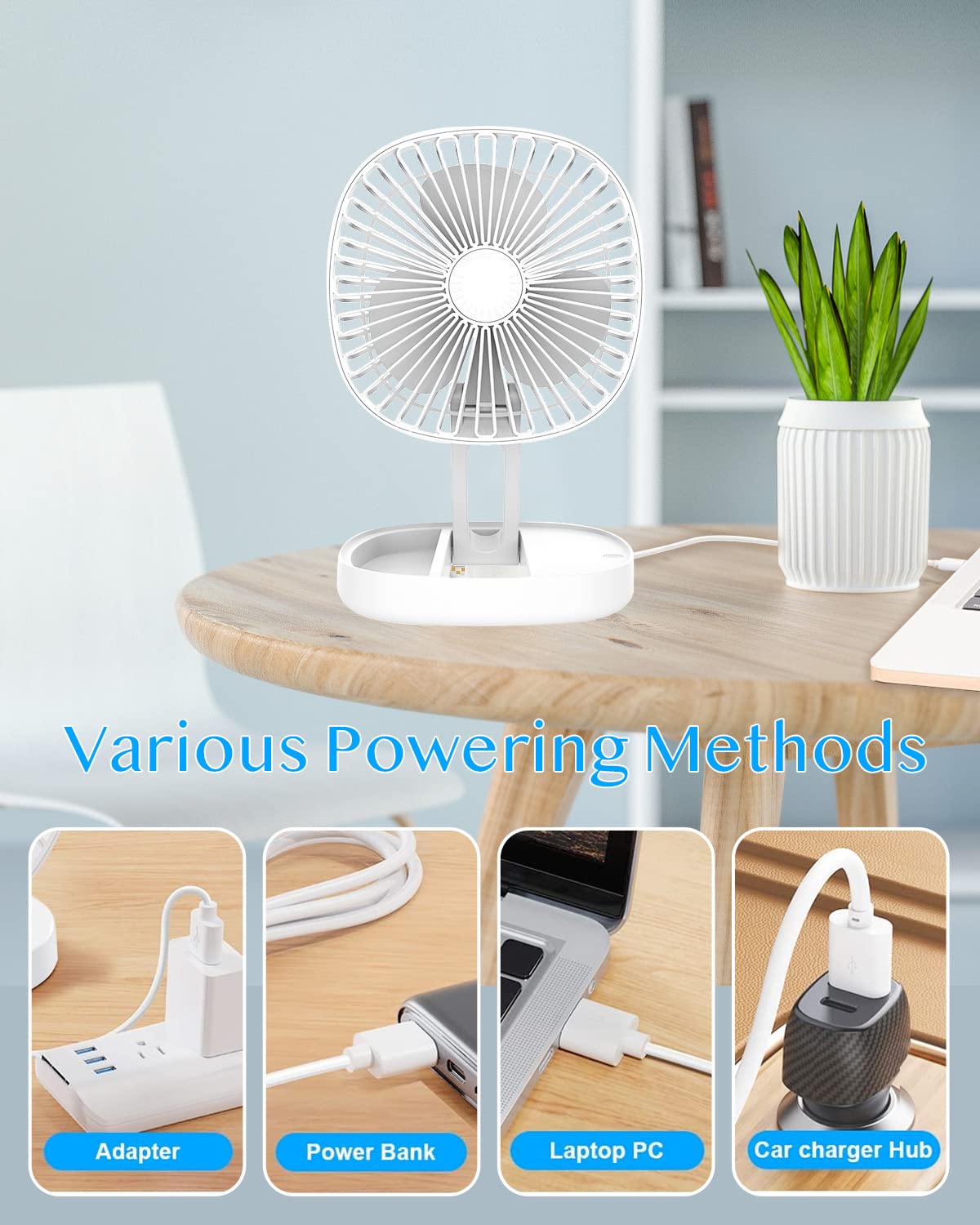 DEPOZA 7 Inch Travel Fan, Portable Folding Desk Fan with 3 Speeds, 185° Rotation, Battery Operated & Rechargeable, Quiet Small Table Fan for Bedroom, Office