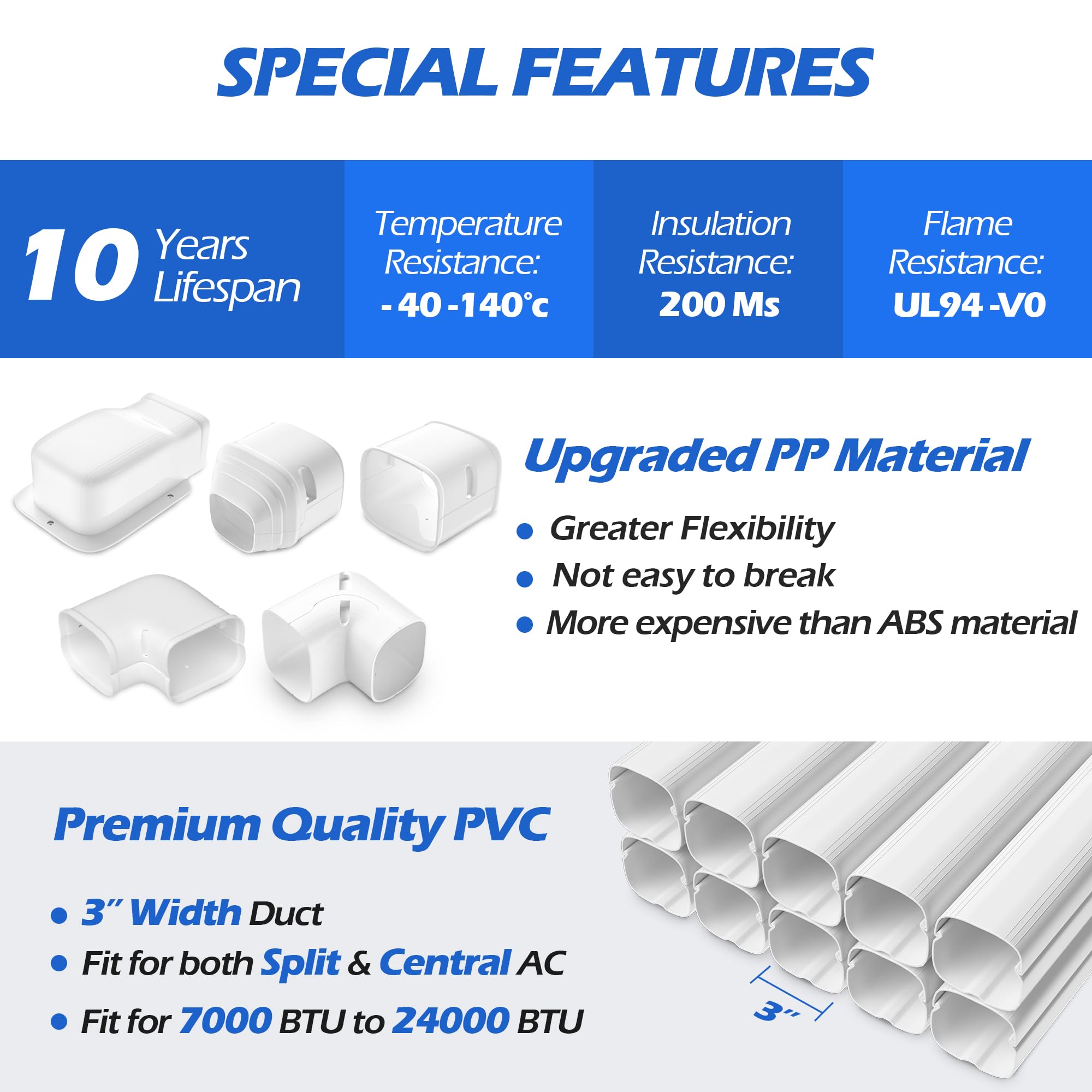 TAKTOPEAK 3" W Wall Cover, Decorative PVC Line Set Cover Kit Parts Accessories for Ductless Mini Split Air Conditioners, Central AC and Heat Pumps