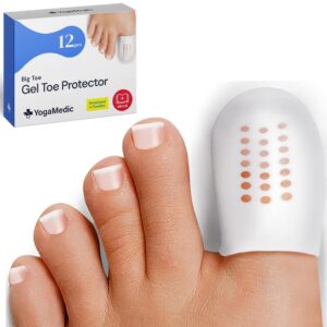 yogamedic big toe protector for pain relief- pack of 12 cuttable toe pads- soft gel shield protection for corn, callus, blister, hammer toe, lost & ingrown nail- toe bandages for big toe- men, women