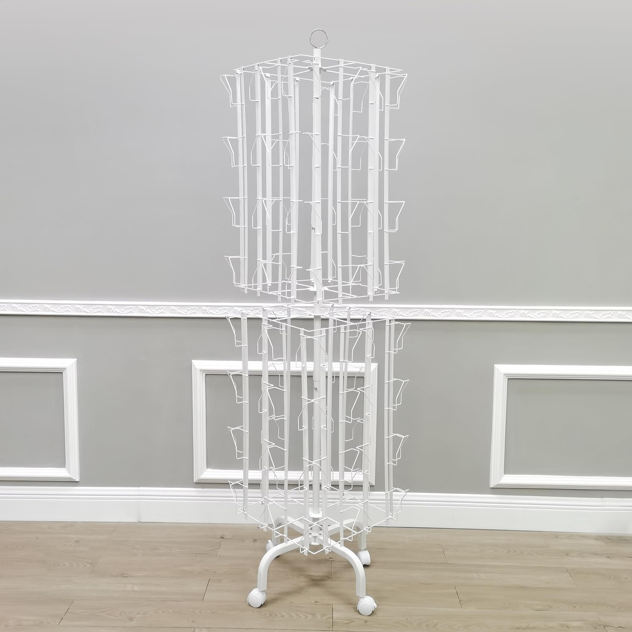 64 Adjustable Pockets Display Rack 5x7 7x5 up to 9.3" Wide X 8" Tall Cards, 1.27" deep Pockets, Double Tier Greeting Post Card Christmas Holiday Spinning Rack Stand White 10139-WHITE