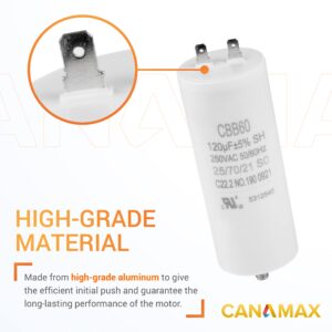 Canamax 120 uf MFD 250 VAC Volts CBB60 Round Motor Run Capacitor 50/60 Hz AC Electric - Exact Fit for OEM Single Phase Motor Capacitors Condenser Straight Cool or Heat Pump Air Conditioner