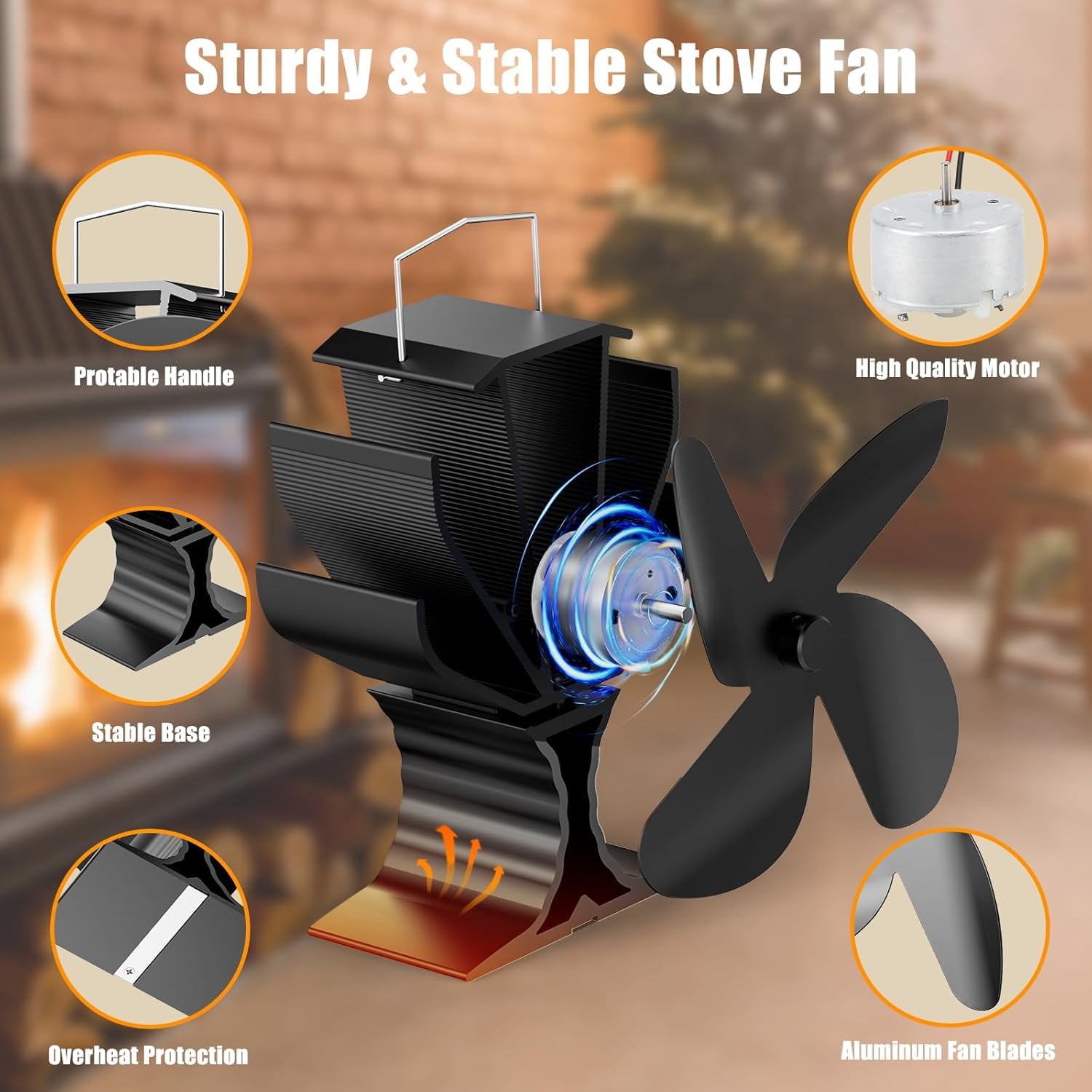 Signstek Stove Fan for Buddy and Mr Heater, Heat Powered Fireplace Accessory, Wood Burning Stove Fan with Bracket - Non Electric for Camping, Outdoor and Indoor Use - 4 Blades