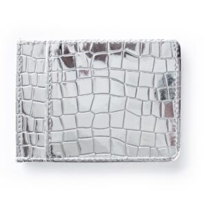 SWEDEY Super Shiny Slim Credit Card Holder Mini Front Pocket Wallet in Mirror Metallic Faux Crocodile pattern (Silver)