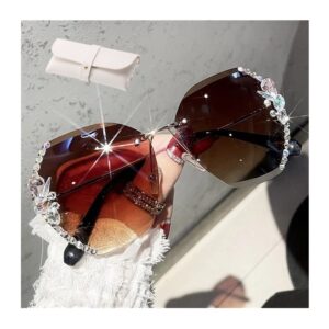 2023 New Woman Sunglasses for Beach Summer with Eyeglass Cases, Sunglasses Womens Trendy, Fashion Woman Rimless Sun Glasses for Beach Summer Outdoor, Anti Glare 100% Sunglasses to Protect Eyes