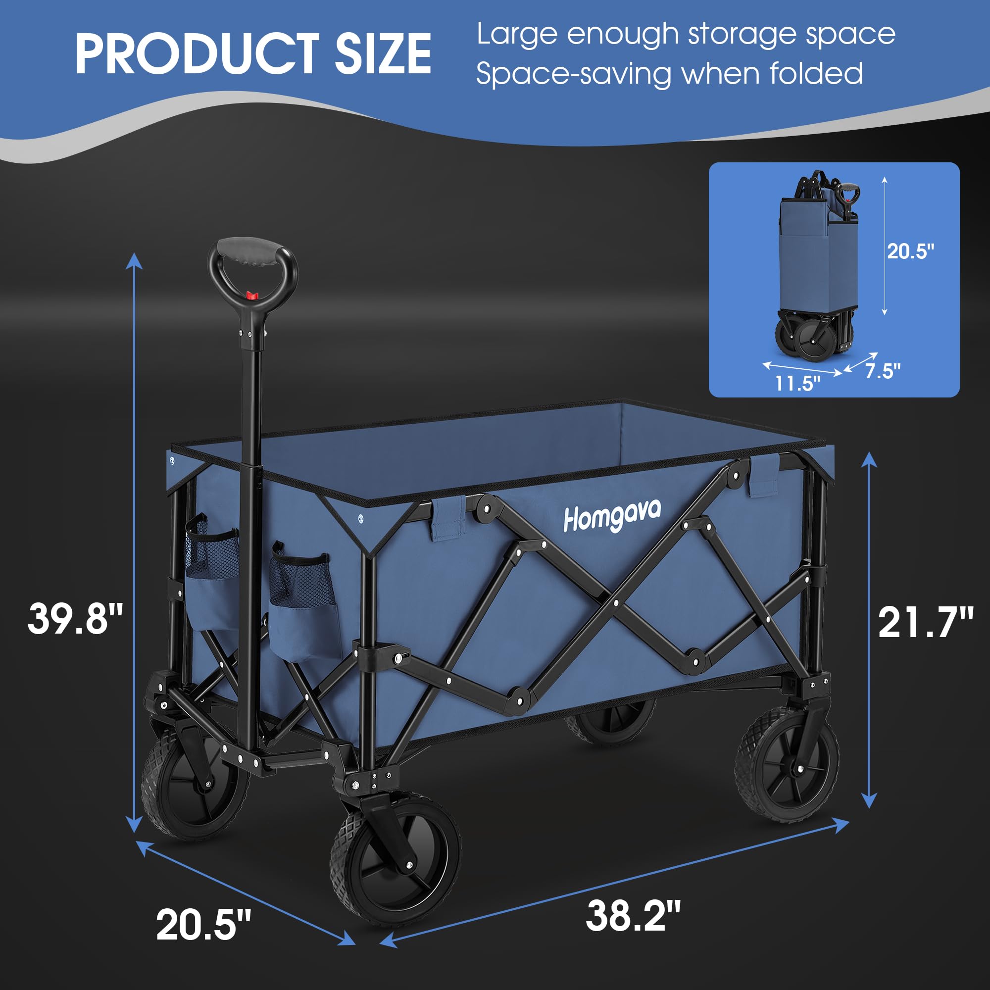 Collapsible Folding Wagon Cart,Heavy Duty Garden Cart with All Terrain Wheels,Portable Large Capacity Utility Wagon Cart for Camping Fishing Sports Shopping, Blue