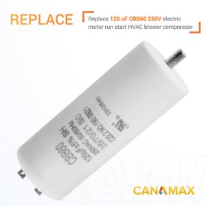 Canamax 120 uf MFD 250 VAC Volts CBB60 Round Motor Run Capacitor 50/60 Hz AC Electric - Exact Fit for OEM Single Phase Motor Capacitors Condenser Straight Cool or Heat Pump Air Conditioner