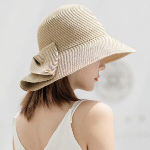 Womens Wide Brim Slit Sun Hat Bow Knot Summer Straw Sun Hats for Women (Beige)