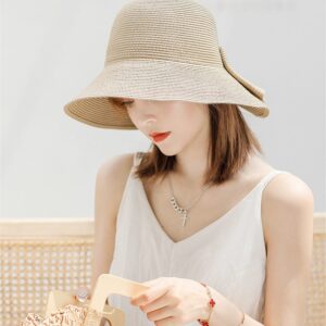 Womens Wide Brim Slit Sun Hat Bow Knot Summer Straw Sun Hats for Women (Beige)