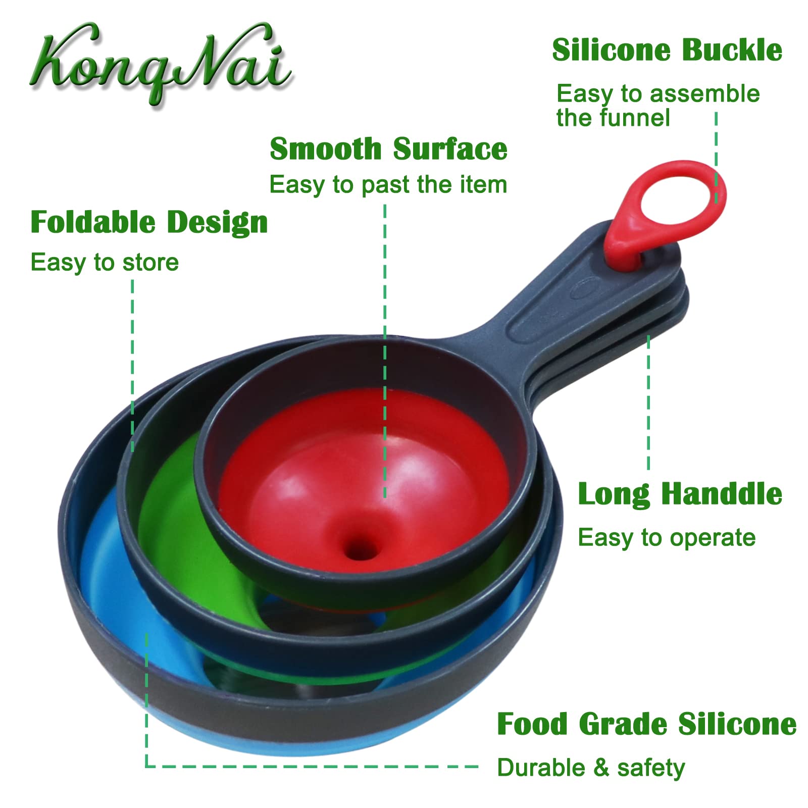 KongNai Canning Funnel for Wide and Regular Jars，Wide Mouth Funnel Sets of 3, Extra Large Funnel for Mason Jar, Food Grade Collapsible Silicone Funnel for Transfer Jam, Juice, Spices, Powder and Oil