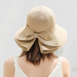 Womens Wide Brim Slit Sun Hat Bow Knot Summer Straw Sun Hats for Women (Beige)