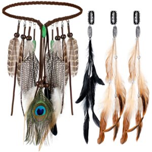 XunYee 4 Pack Halloween Feather Hair Clips Boho Feather Headband Hippie Hair Extensions with Feather Clip Comb Set for Women(Boho Style)