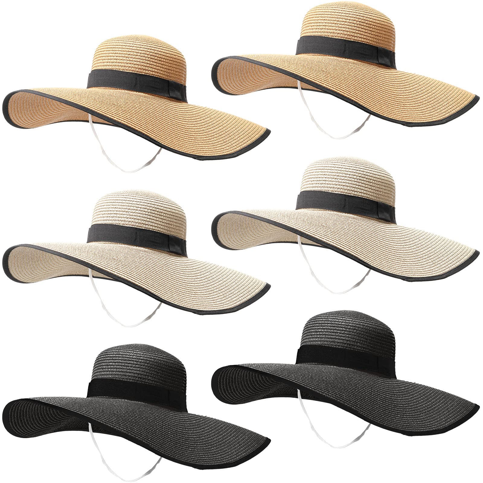 6 Pcs Women Sun Straw Hat Floppy Summer UV Hat Wide Brim Garden Hat Large Women Beach Hat Foldable Roll up Travel Hat (Black Ribbon)