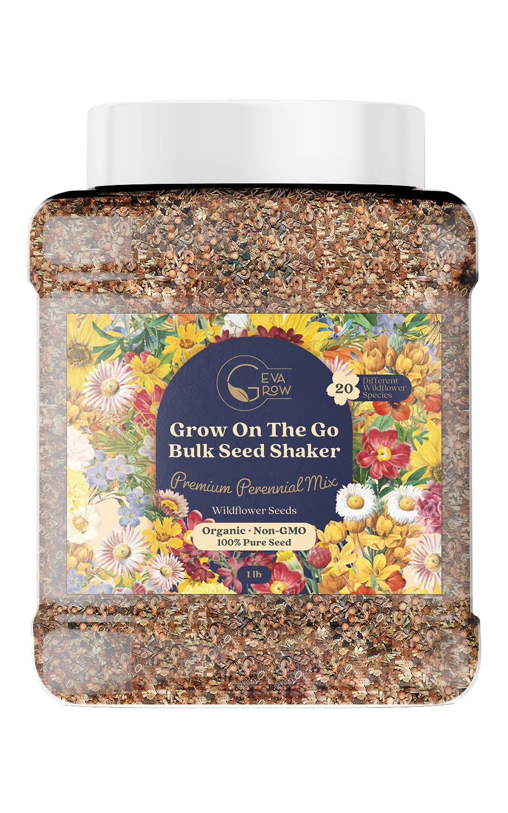 Bulk Wildflower Seed Shaker – Perennial Flower Seeds Mix to Plant Anywhere, by Geva Grow | 20 - Different Type Beautiful Perennial Wildflower Seeds Bulk 900,000+ Seeds, 1 Pound Tub