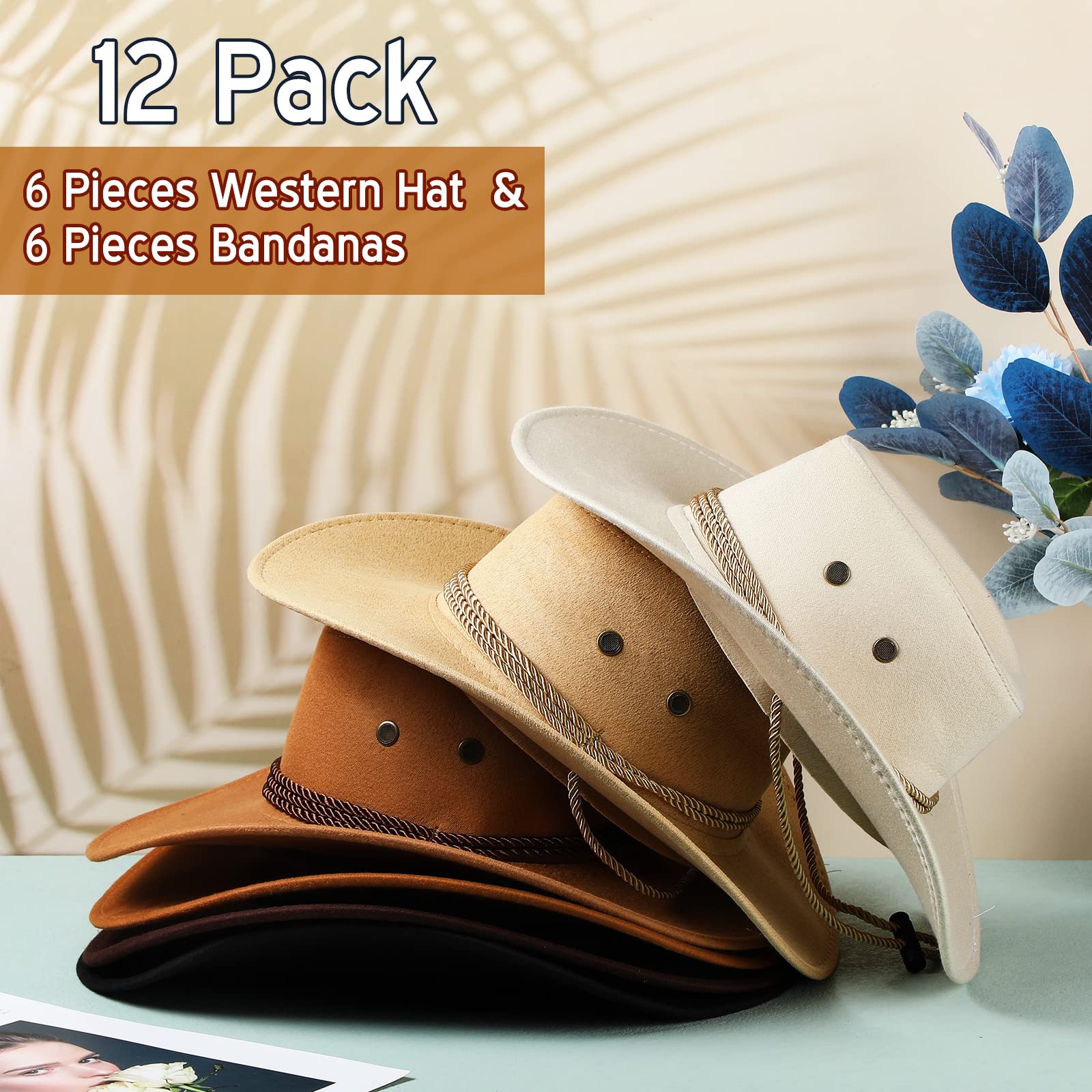 Zhanmai 12 Pcs Cowboy Hat and Bandana Cowboy Cowgirl Hats Bulk Western Party Costume Halloween Accessory(Mixed Color)