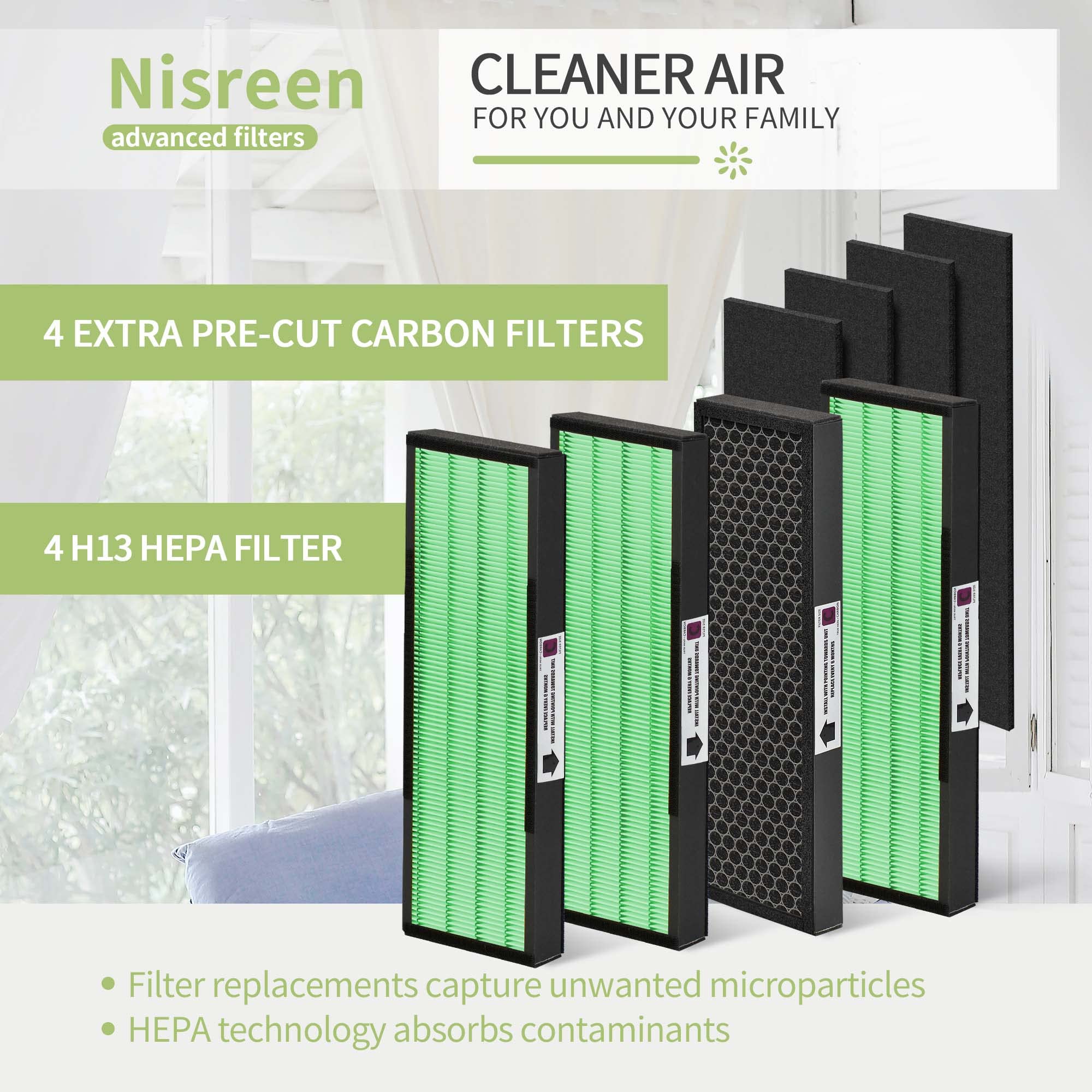 【Upgraded】Nisreen FLT5000 Filter-C True HEPA Filter Compatible with Germ-Guardian Filter C AC5250PT AC5000E AC5300B AC5350W for Improving Moist Conditions, 4 H13 HEPA & 4 Extra Carbon Pre-Filters