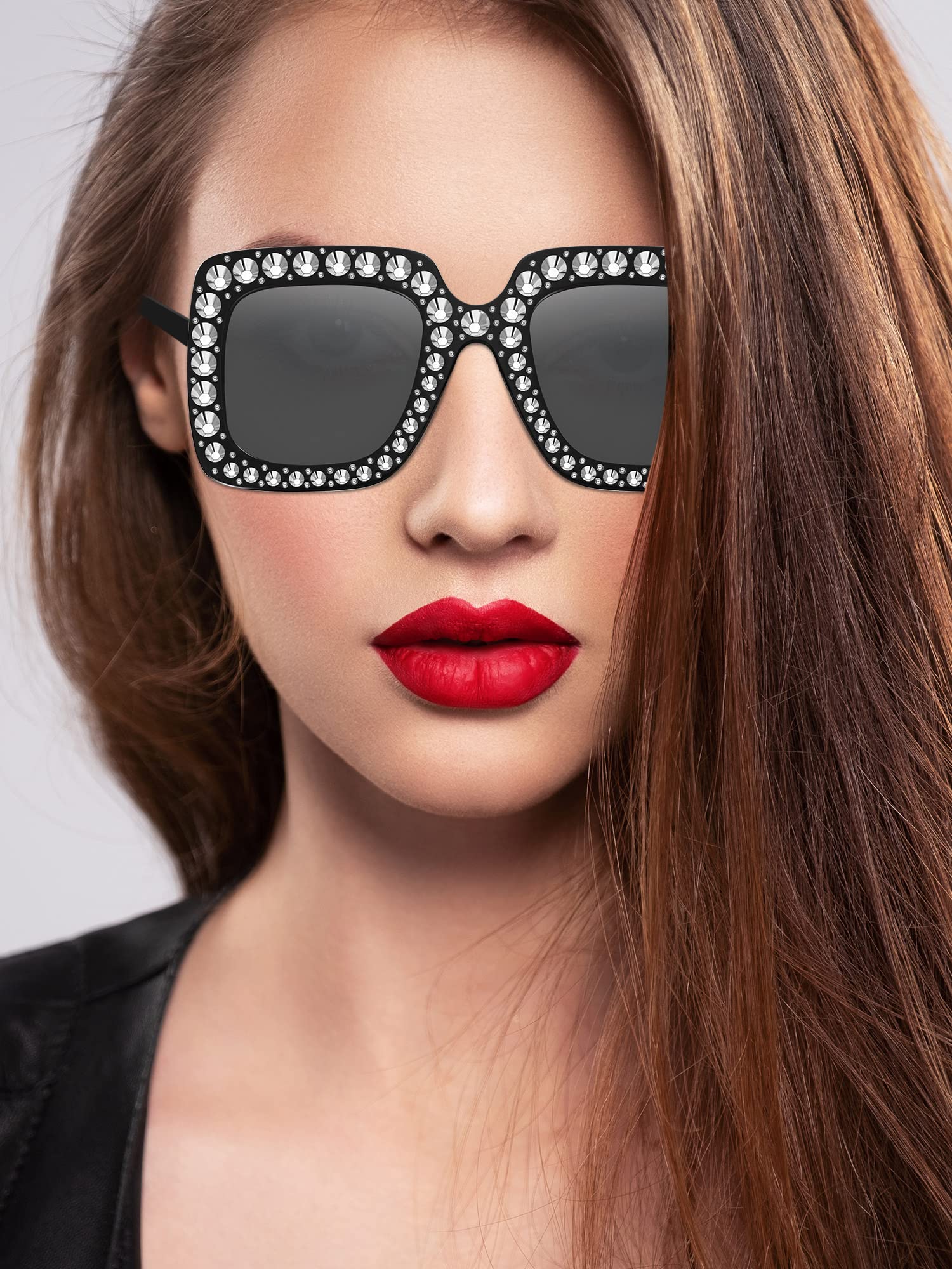 12 Pairs Crystal Oversized Sunglasses Rhinestone Square Diamond Sunglasses Frame Retro Sparkling Glasses for Women Men(Black)