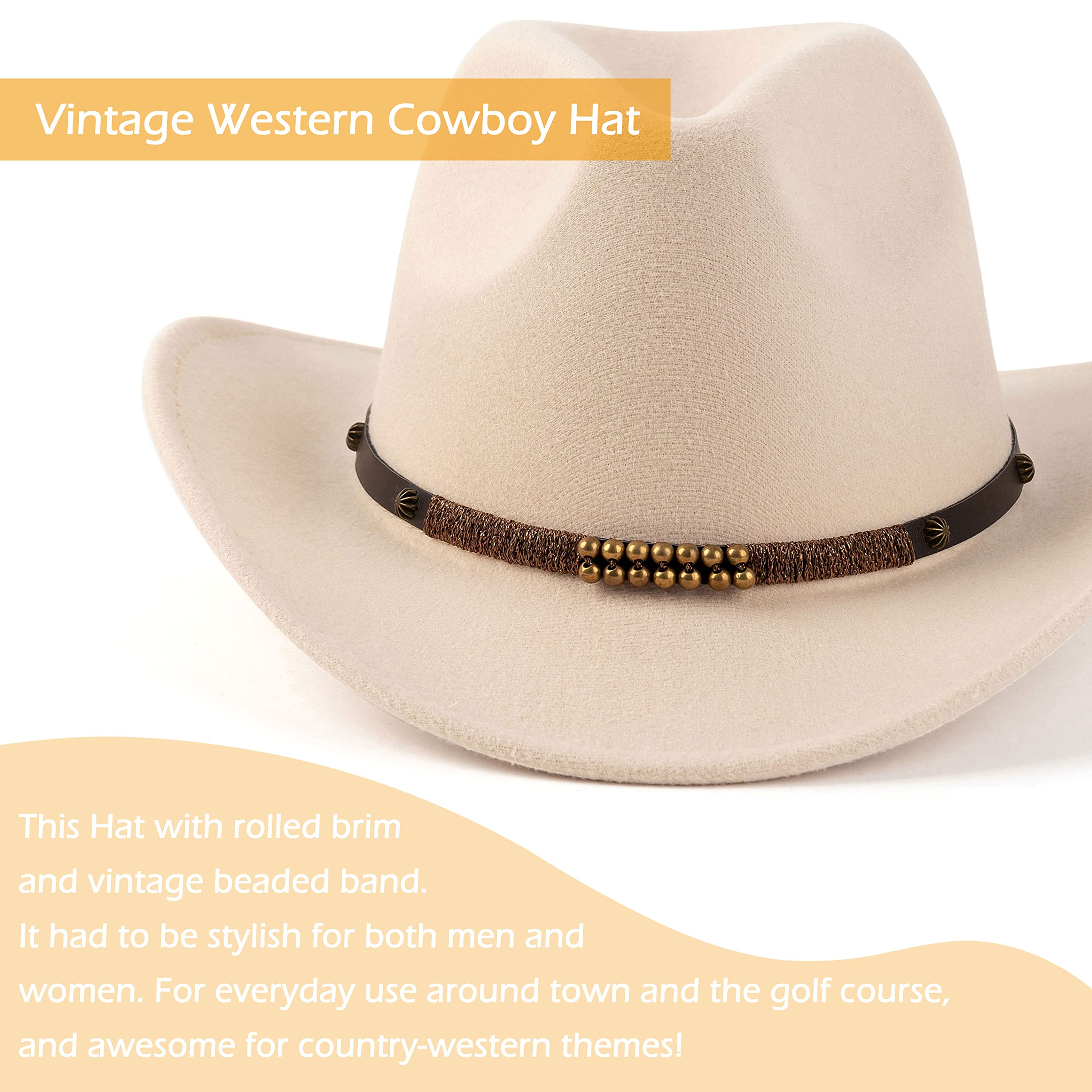 EOGIMI Western Cowboy Hats for Women Men Felt Wide Brim Panama Hat with Belt Buckle Bead Band-Cream