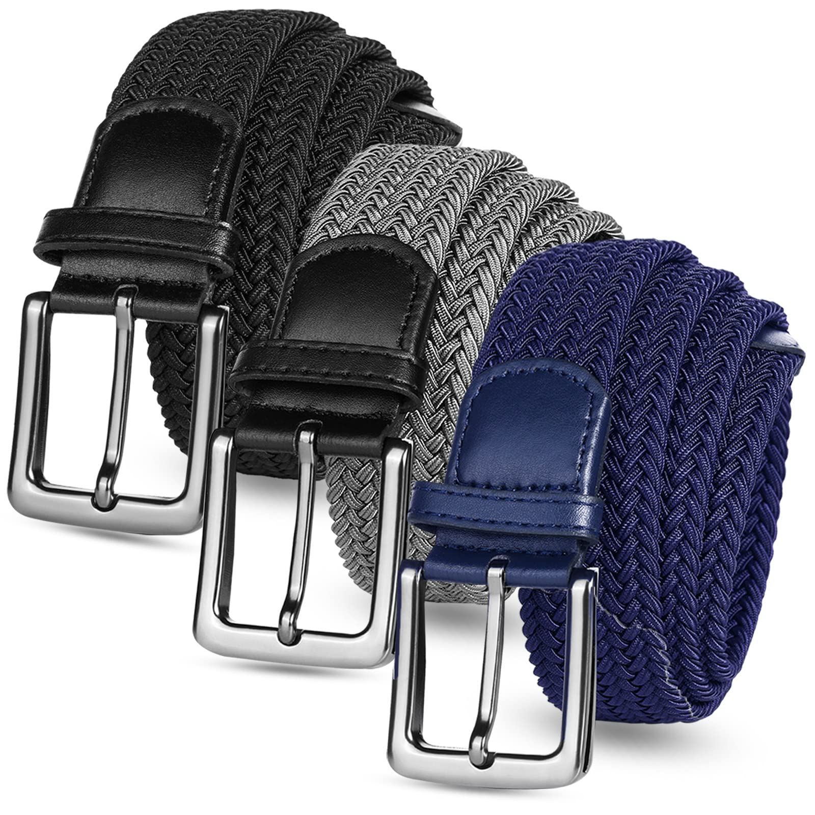 VEASAERS Golf Belts for Men 3 Pack Braided Elastic Fabric Stretch Canvas woven for Men Women Youth Sports Golf Hiking (34"-38" Waist Adjustable, 3 Pack-Black+Gray+Blue)