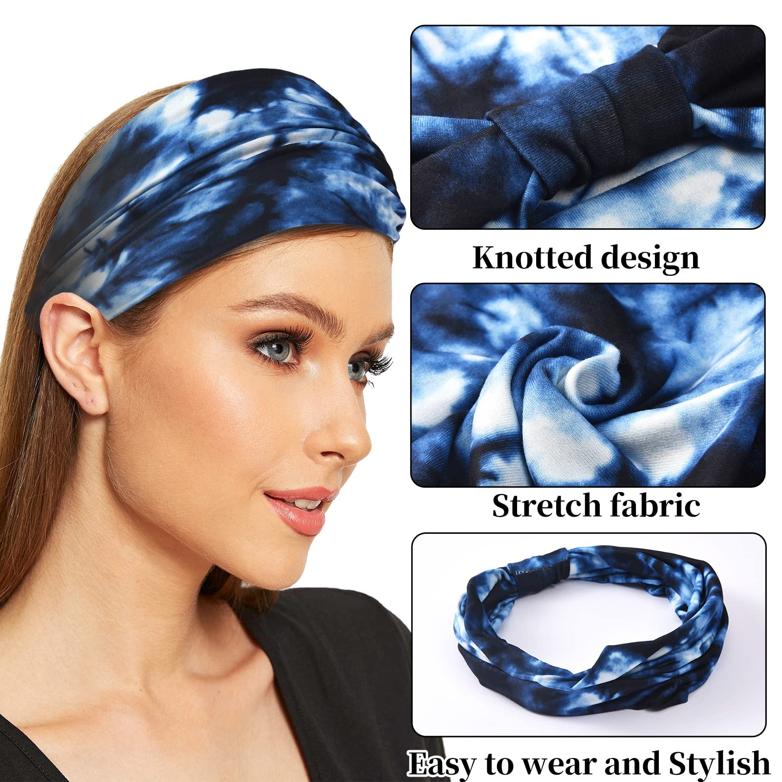 Yeshan Wide Headbands for Women Non Slip Boho Headbands Elastic Tie dye Headbands Yoga Workout Sweat Bands Running Sport Hair Bands,Pack of 6