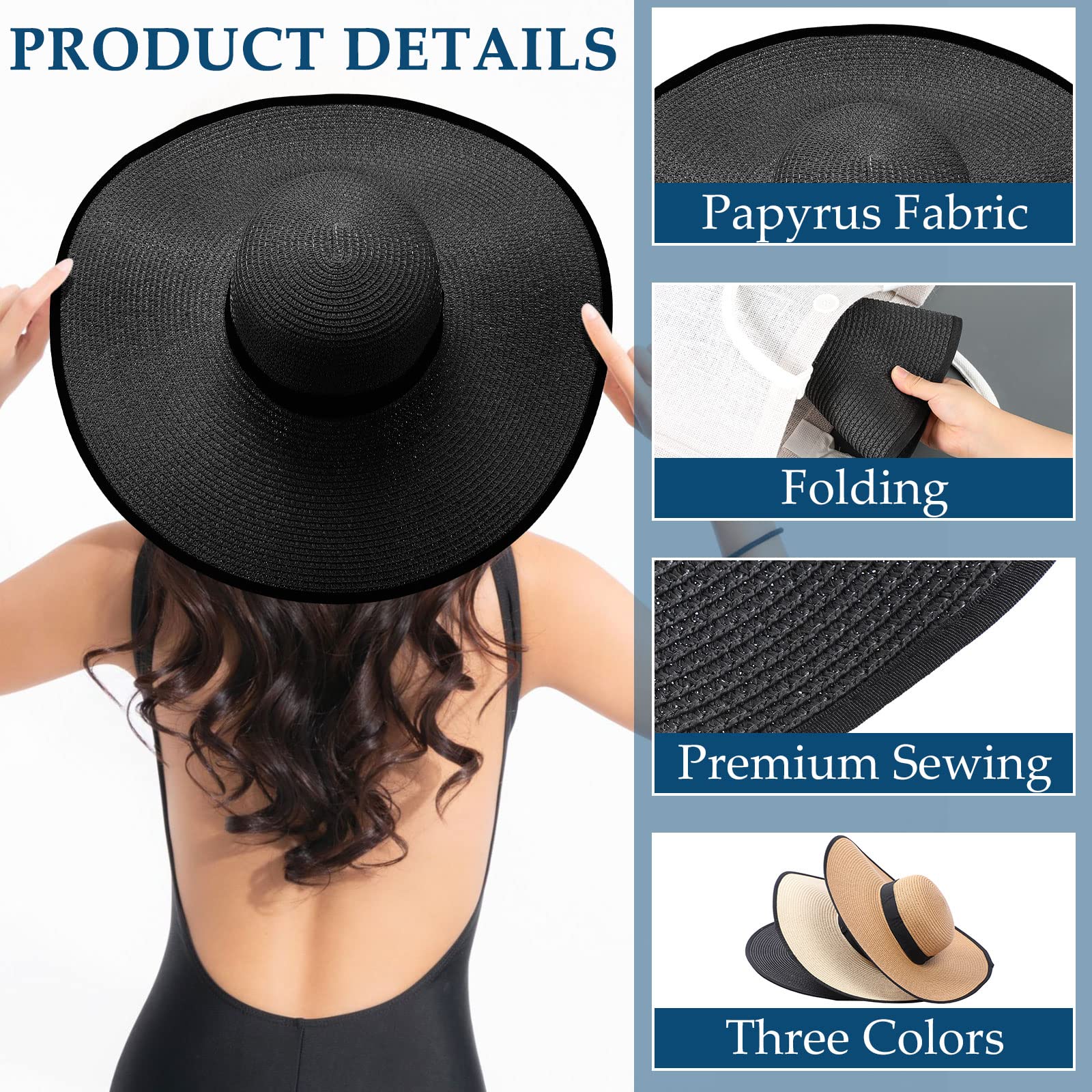 6 Pcs Women Sun Straw Hat Floppy Summer UV Hat Wide Brim Garden Hat Large Women Beach Hat Foldable Roll up Travel Hat (Black Ribbon)