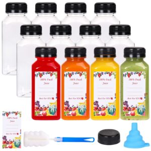 superlele 12pcs 8oz plastic juice bottles with black tamper evident caps, reusable clear juice containers with labels, funnel and brush for juicing, smoothie, milk