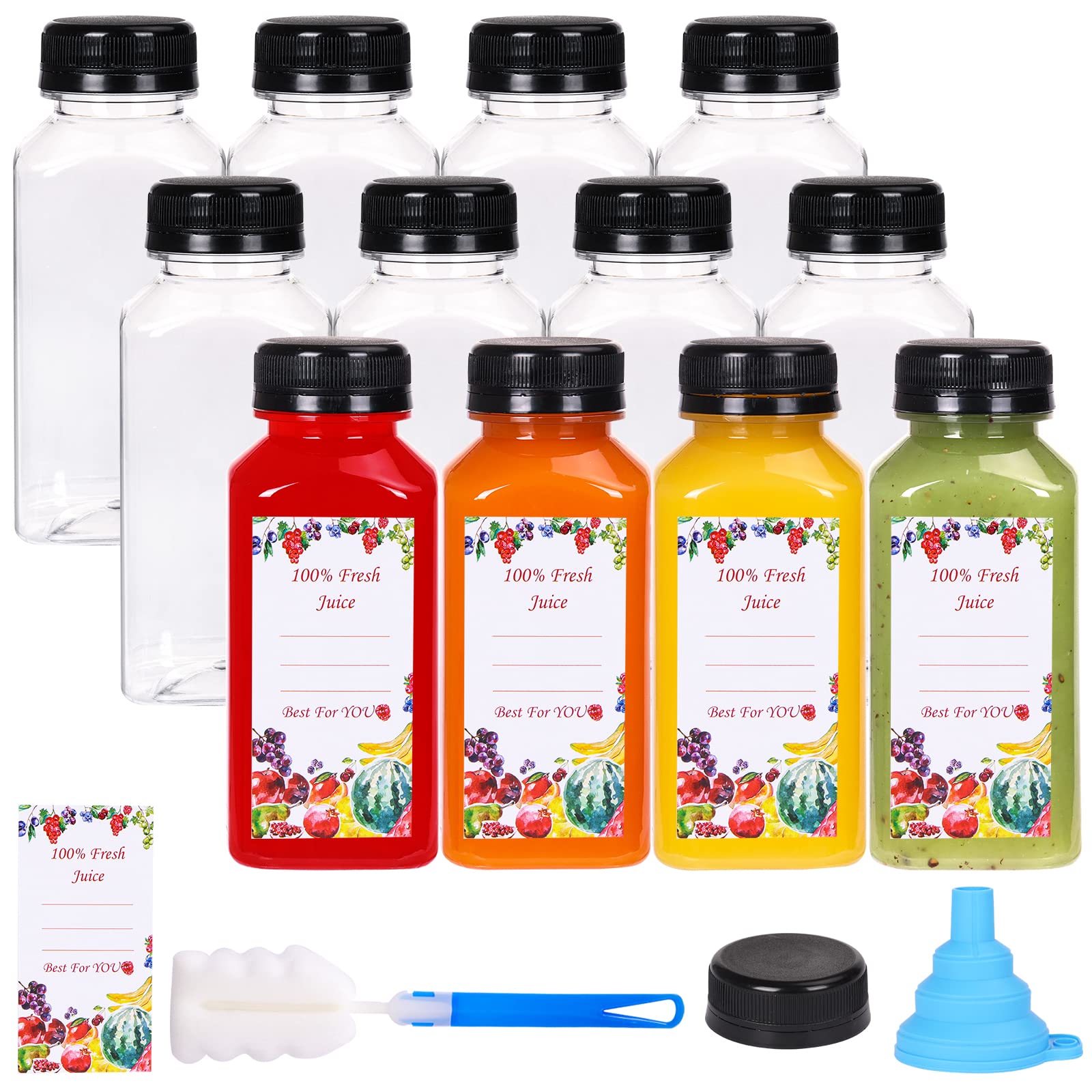 SUPERLELE 12pcs 8oz Plastic Juice Bottles with Black Tamper Evident Caps, Reusable Clear Juice Containers with Labels, Funnel and Brush for Juicing, Smoothie, Milk