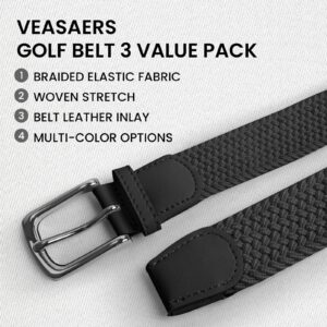 VEASAERS Golf Belts for Men 3 Pack Braided Elastic Fabric Stretch Canvas woven for Men Women Youth Sports Golf Hiking (34"-38" Waist Adjustable, 3 Pack-Black+Gray+Blue)