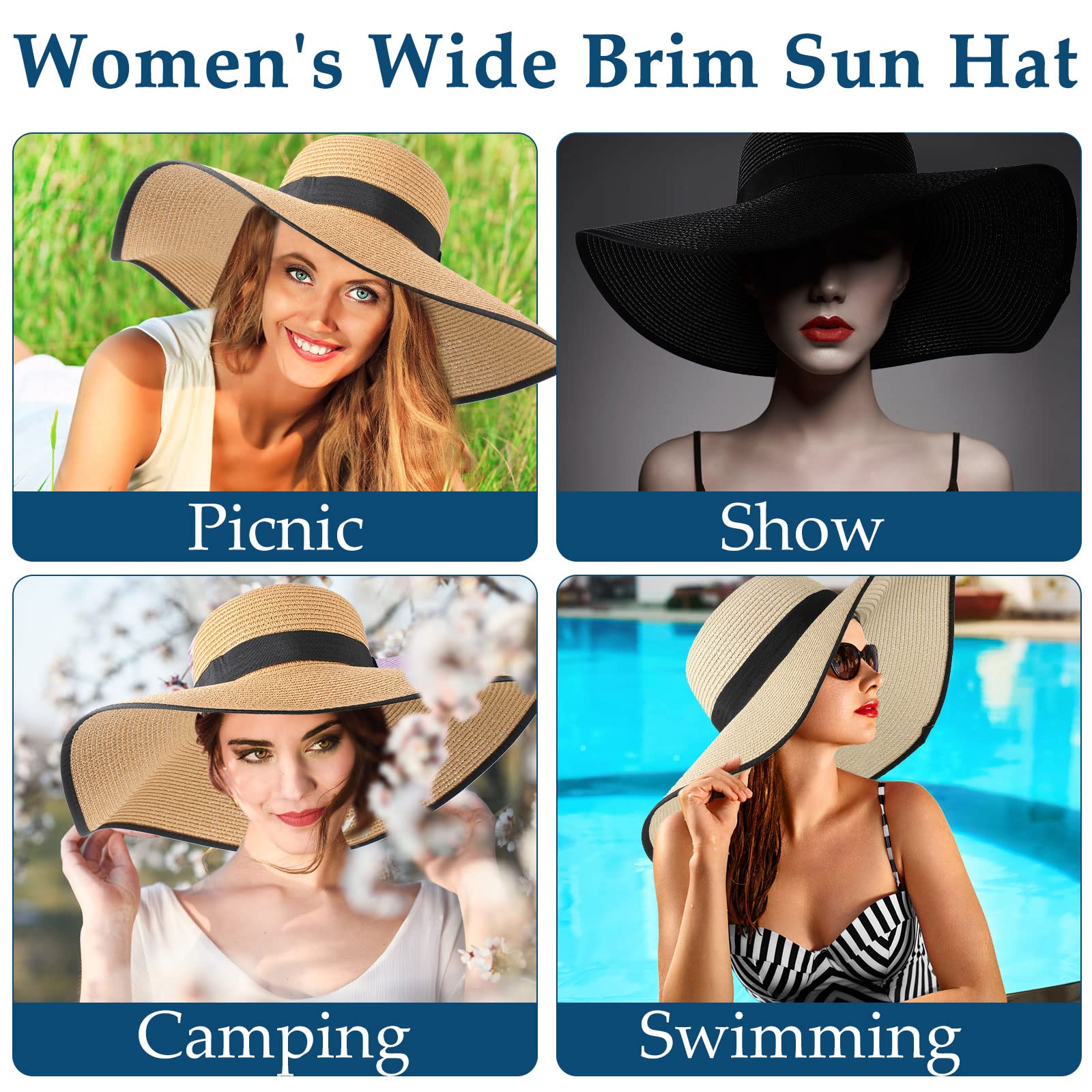 6 Pcs Women Sun Straw Hat Floppy Summer UV Hat Wide Brim Garden Hat Large Women Beach Hat Foldable Roll up Travel Hat (Black Ribbon)