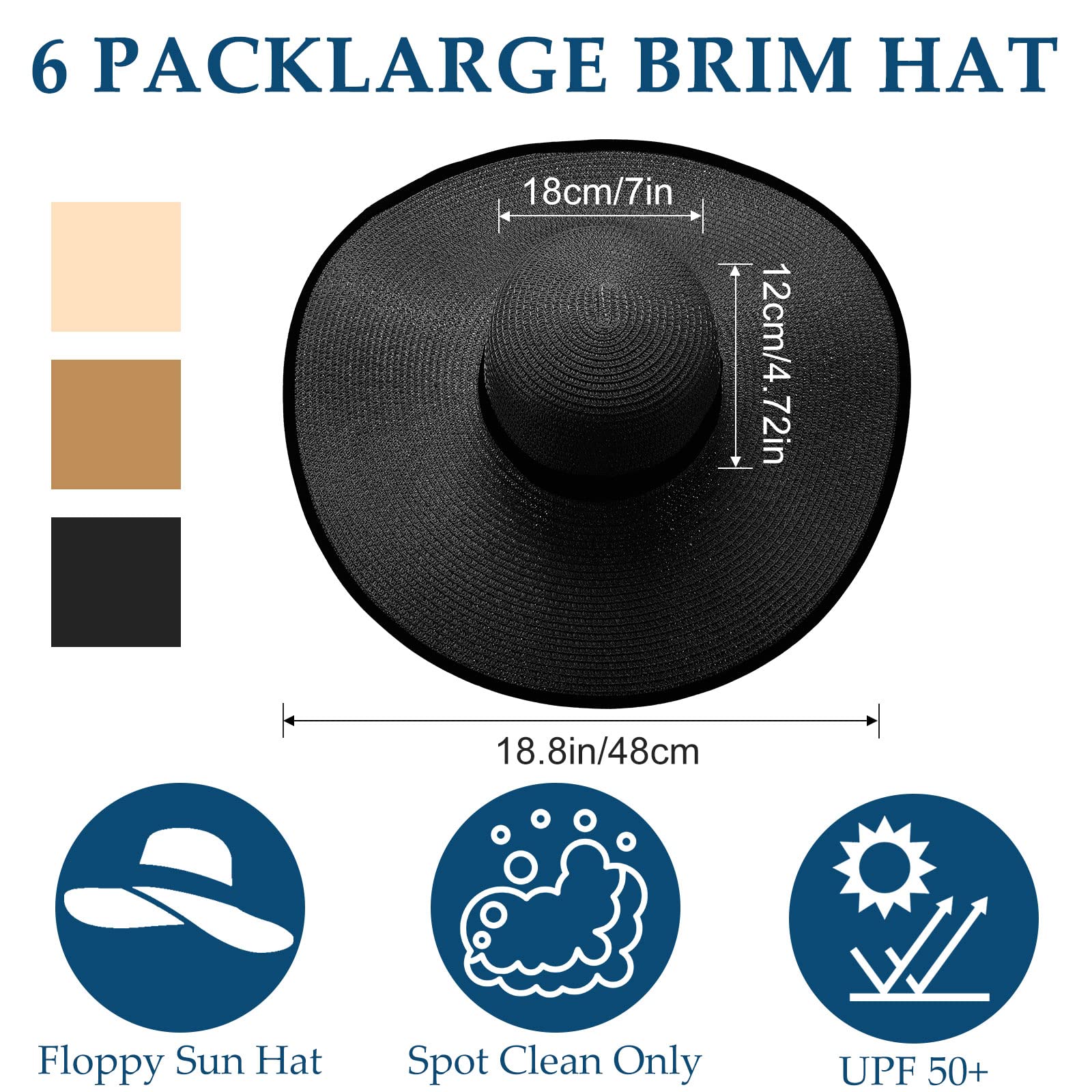 6 Pcs Women Sun Straw Hat Floppy Summer UV Hat Wide Brim Garden Hat Large Women Beach Hat Foldable Roll up Travel Hat (Black Ribbon)