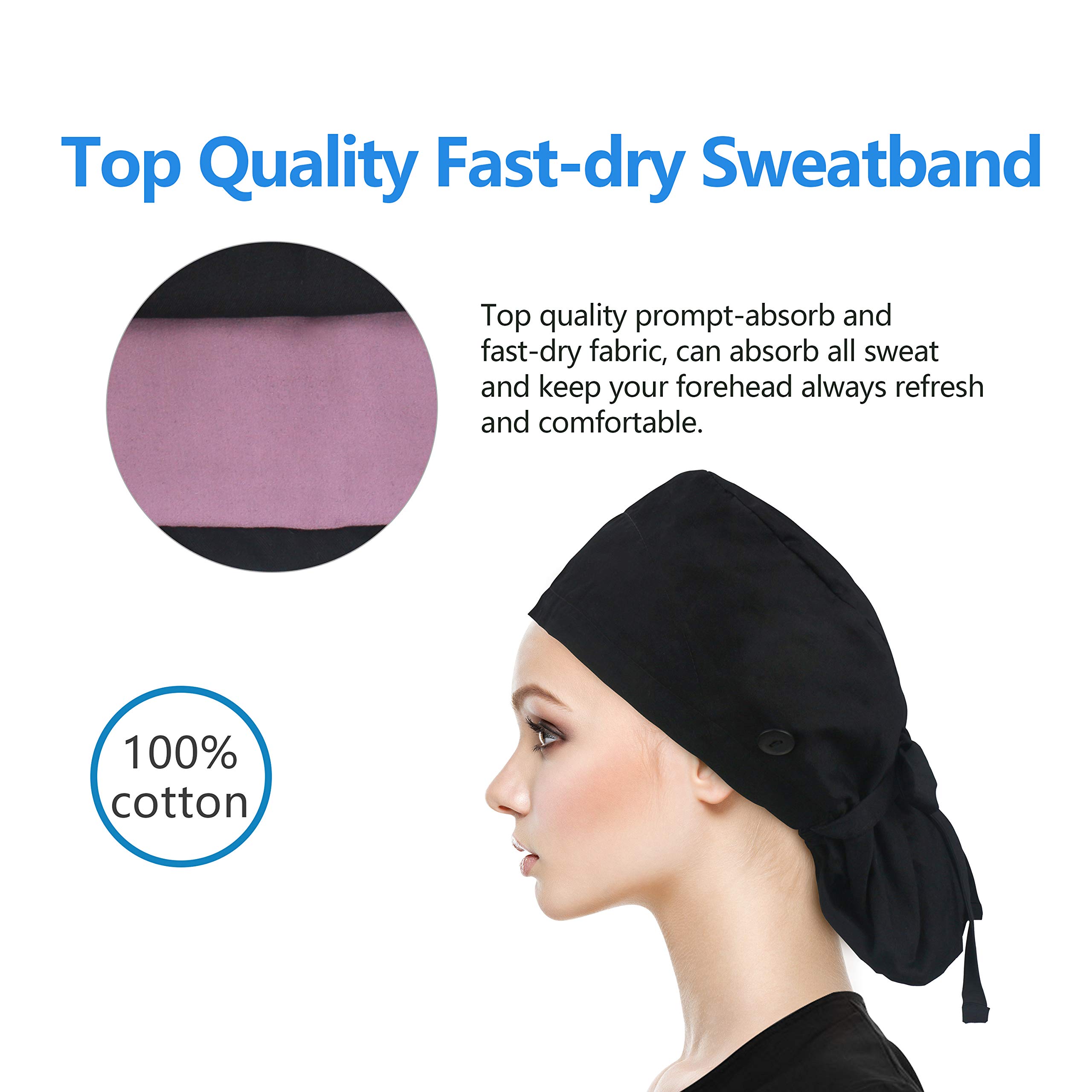 QBA Adjustable Working Cap with Button, Satin Lined Hat, Cotton Working Hat Sweatband, Elastic Bandage Tie Back Hats for Women & Men, One Size