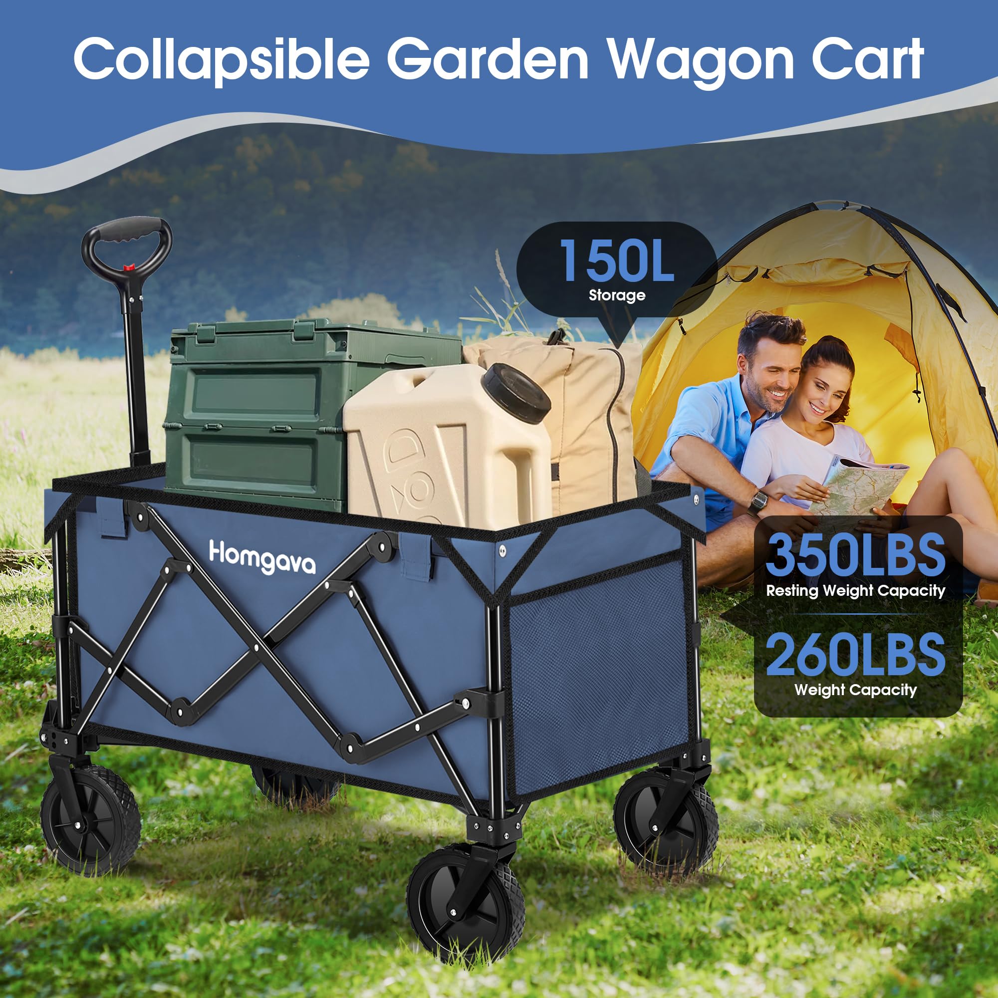 Collapsible Folding Wagon Cart,Heavy Duty Garden Cart with All Terrain Wheels,Portable Large Capacity Utility Wagon Cart for Camping Fishing Sports Shopping, Blue