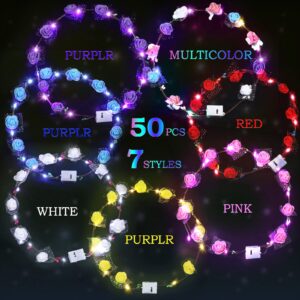 50 Pcs LED Flower Crowns Headbands Light up Flower Hair Wreath Garlands Glowing Floral Headpiece for Halloween Girls Women Cosplay Holiday Wedding Party