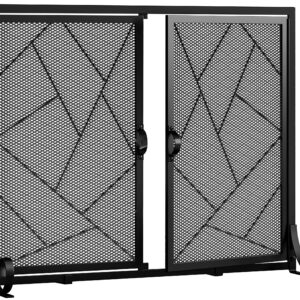 Fire Beauty Fireplace Screen with Hinged Doors Cast Iron Border Sturdy Steel Frame Durable Metal Mesh Decorative Spark Guard Black Finish(Middle)