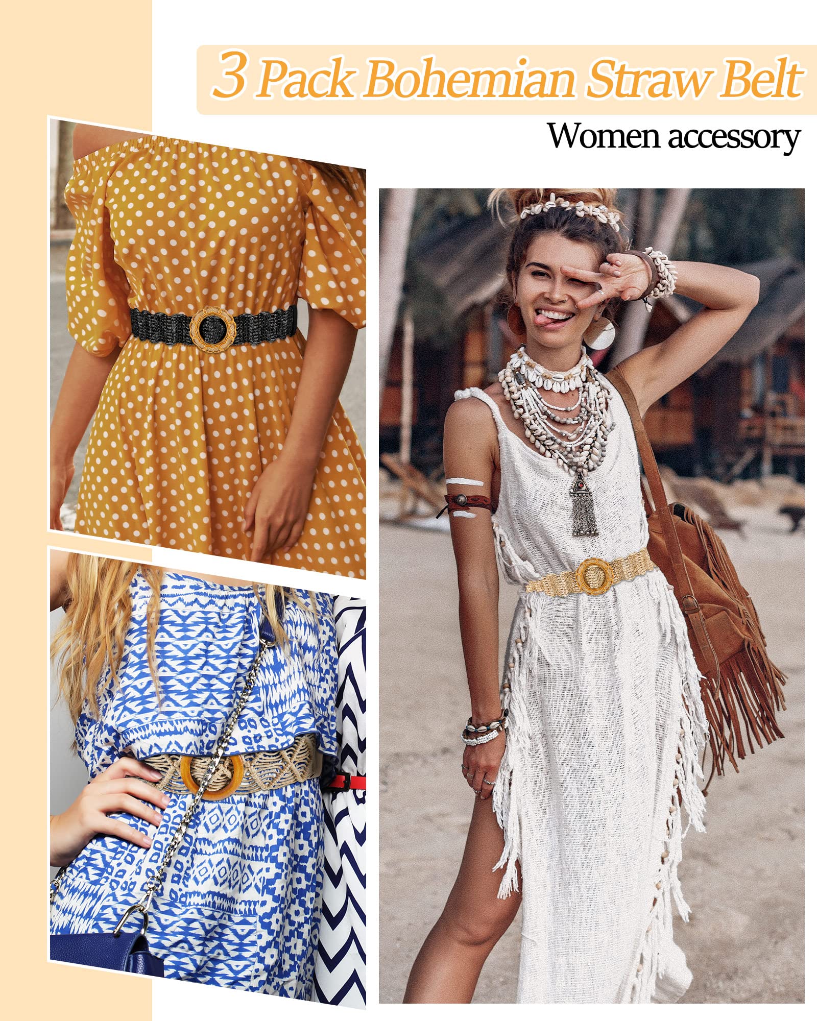 Hercicy 3 Pcs Rattan Straw Woven Belt Bohemian Waist Rope Braid Belts for Women, Trendy Boho Ladies Skinny Dress Belt Multicolor